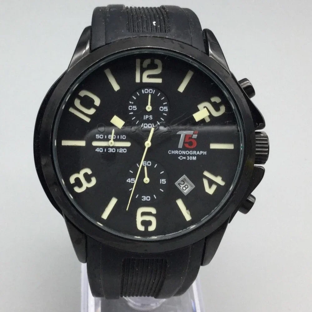 T5 Chronograph Watch Mens 44mm Black Dial Black Rubber Strap Date New Battery